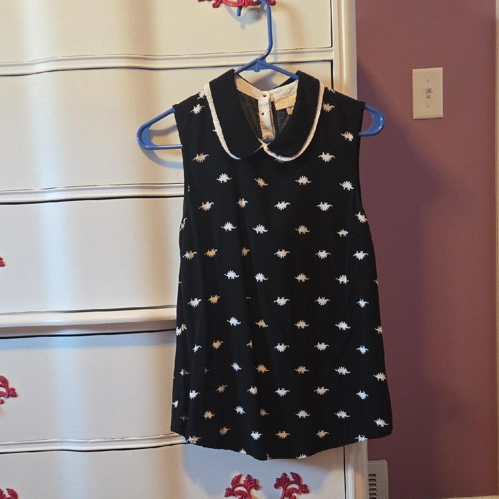 ModCloth Black Sleeveless Peter Pan Collar Blouse with White Eyelet Print